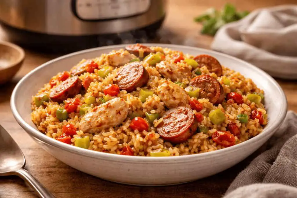 Cook The Restaurant's Food at Home 44 : Instant Pot chicken and sausage jambalaya recipe shown in a 16:9 landscape image with fluffy rice, andouille sausage, and colorful vegetables.