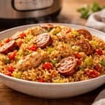: Instant Pot chicken and sausage jambalaya recipe shown in a 16:9 landscape image with fluffy rice, andouille sausage, and colorful vegetables.