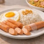 Preparing [champ chicken sausage] - raw sausages boiling in a pot and cooking in a pan.