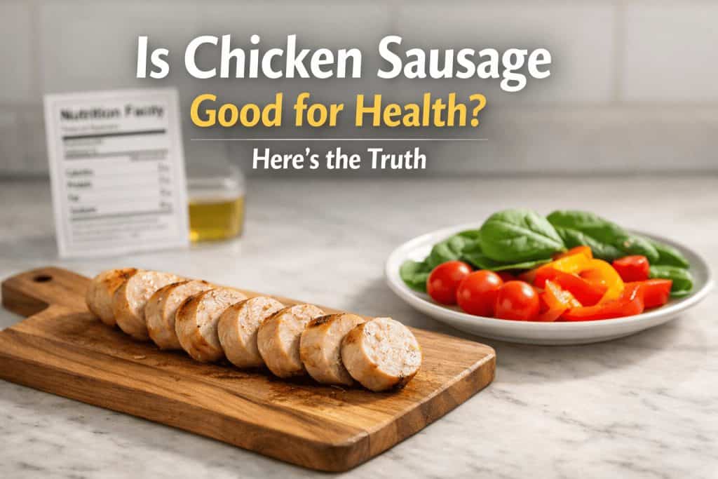 A plate of fresh vegetables and a wooden board with sliced chicken sausage.