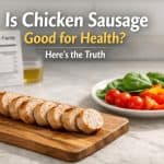 A plate of fresh vegetables and a wooden board with sliced chicken sausage.