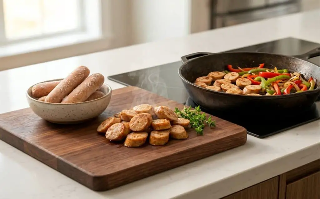 How to use frozen chicken sausage from whole frozen links to golden seared slices with a steaming pepper skillet nearby