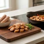 How to use frozen chicken sausage from whole frozen links to golden seared slices with a steaming pepper skillet nearby