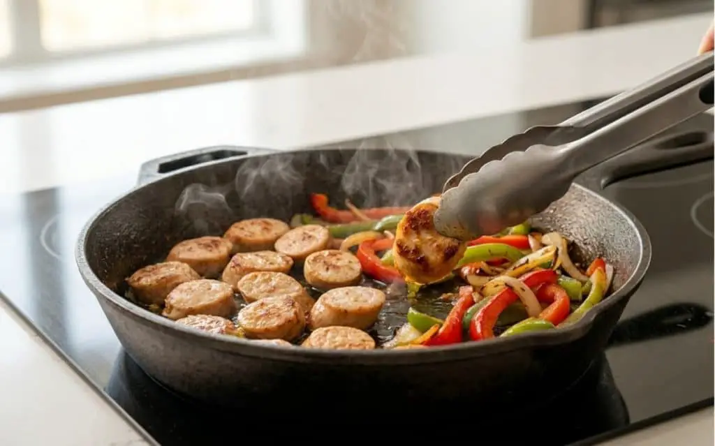 How to use frozen chicken sausage by pan-searing sliced pieces with red and green bell peppers in a cast iron skillet