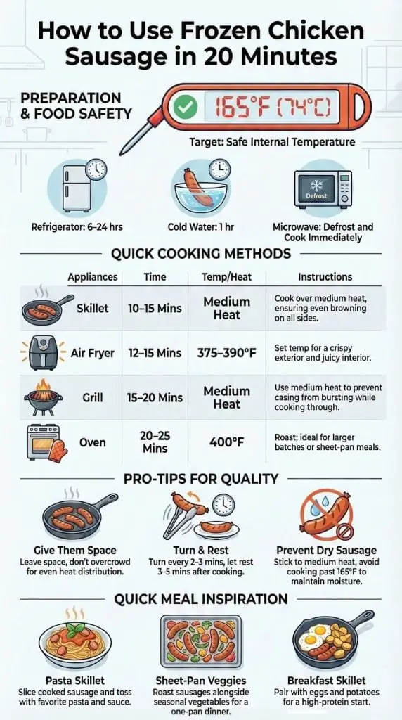 How to use frozen chicken sausage guide covering safe thawing methods, cooking times, temperatures, and quick meal ideas