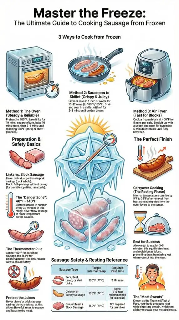 Infographic showing 3 different methods to cook the sausage with oven, skillet, and air fryer methods on how to cook chicken sausage from frozen safely.