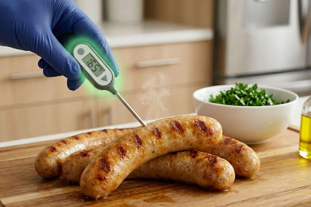 How do you know chicken sausage is cooked? A gloved hand using a digital thermometer reading 165°F on grilled sausages.