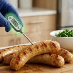 How do you know chicken sausage is cooked? A gloved hand using a digital thermometer reading 165°F on grilled sausages.