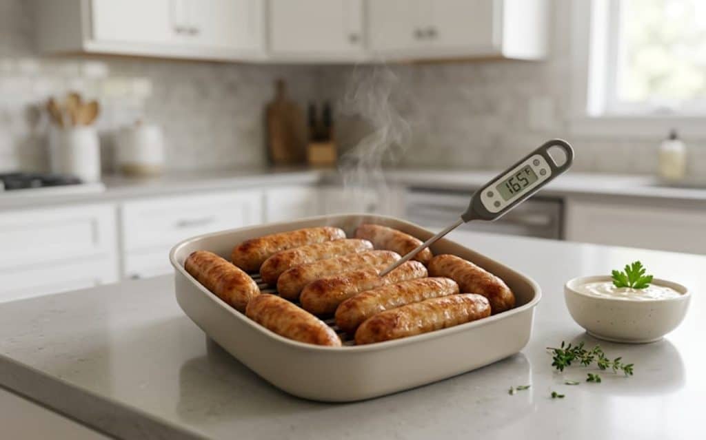 The best way to cook chicken sausage in an air fryer ensures 165°F internal temperature for perfectly golden sausages.