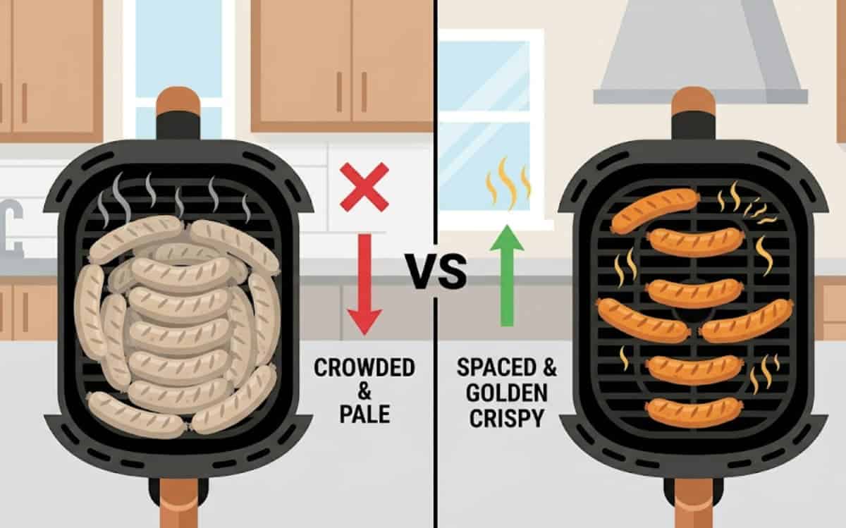 The best way to cook chicken sausage in an air fryer is spacing them out for golden crispy results, not crowding.