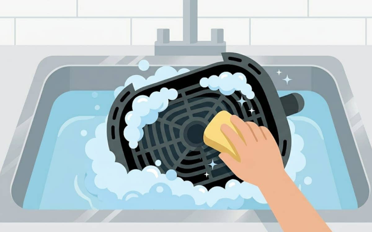 The best way to cook chicken sausage in air fryer starts with cleaning the basket thoroughly with a sponge.