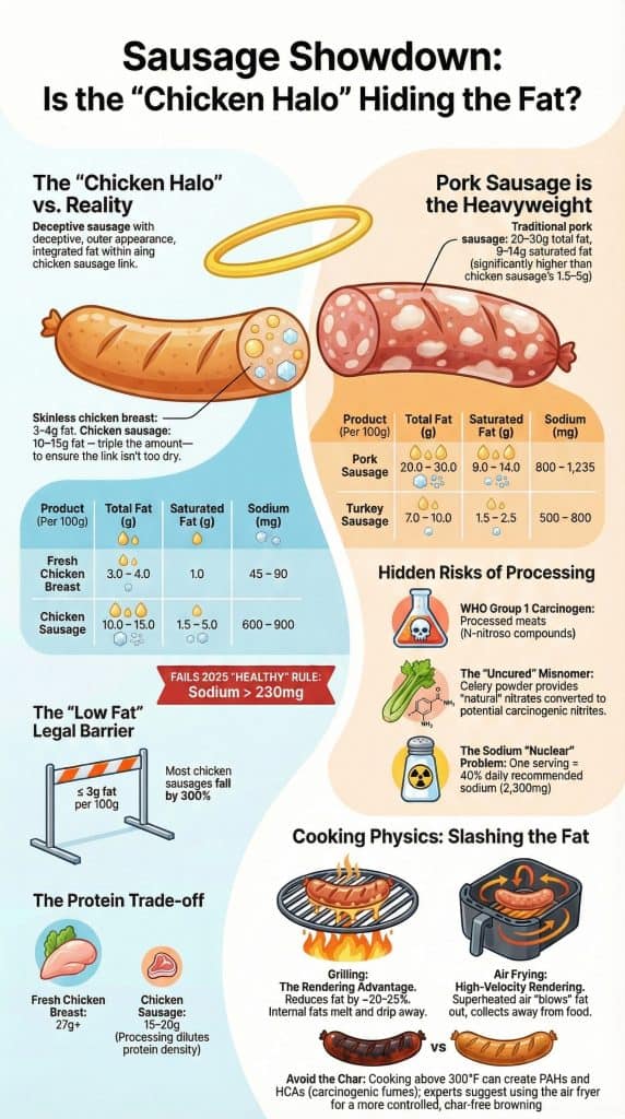 Nutrition infographic comparing fat and sodium levels for chicken sausage vs other healthy sausage alternative options like pork and turkey.