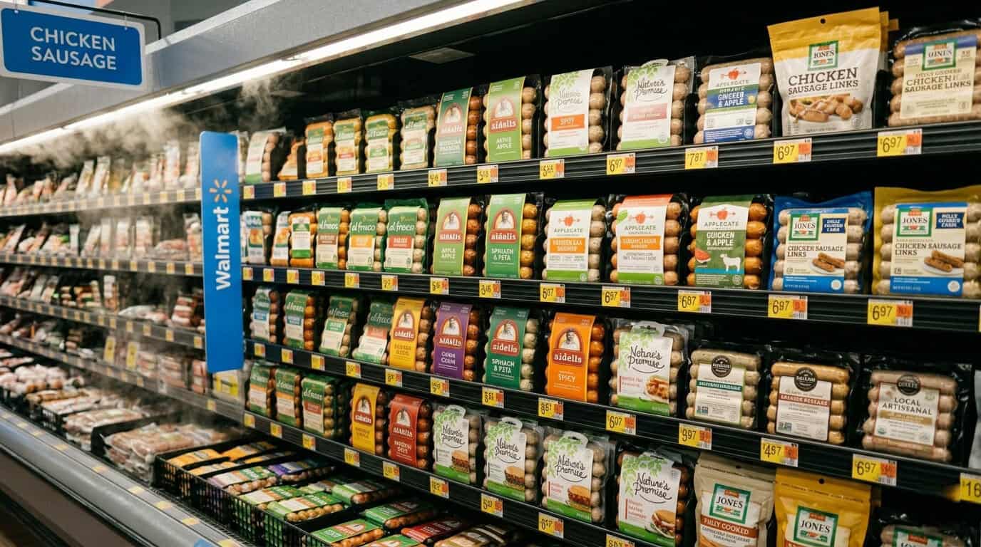 Alt : Does Walmart sell chicken sausage in-store? Yes, a shopper compares Aidells and Applegate brands in the meat aisle. 