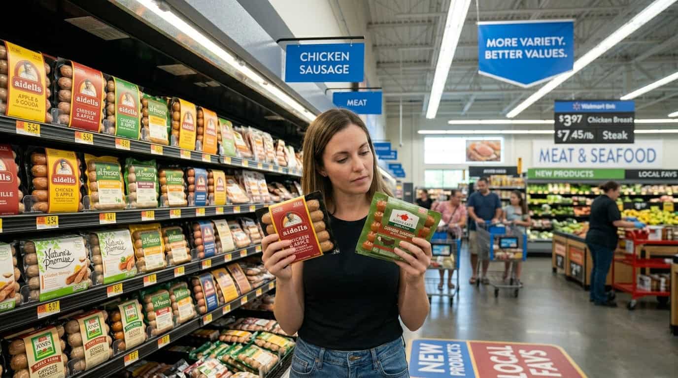 Alt : Does Walmart sell chicken sausage with variety? This refrigerated aisle shows al fresco, Aidells, Applegate, and Jones options. 