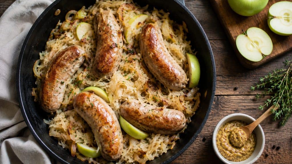 Chicken sausage with sauerkraut cooking in a skillet with apples and onions in a home kitchen.