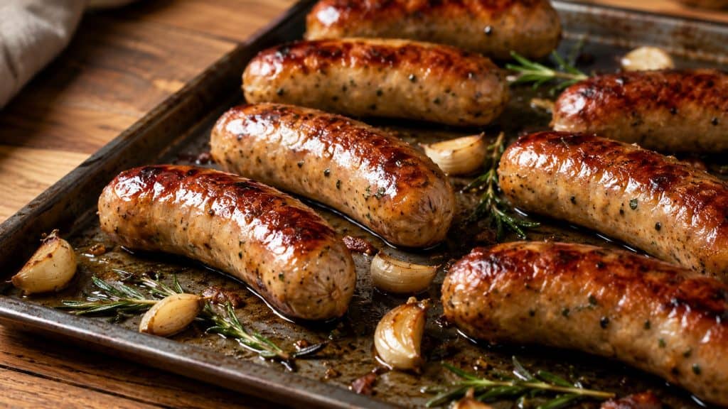 Close-up of golden brown, juicy chicken sausage in the oven resting on a baking sheet with roasted garlic and rosemary.