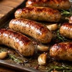 Close-up of golden brown, juicy chicken sausage in the oven resting on a baking sheet with roasted garlic and rosemary.