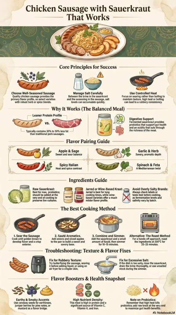 Chicken sausage with sauerkraut infographic showing cooking steps, ingredients, flavor pairings, and tips for best results.