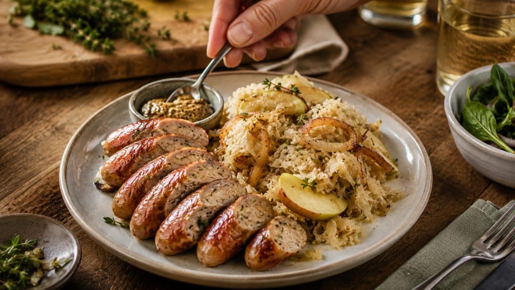 Chicken sausage with sauerkraut being plated with herbs and mustard in a cozy dining setting.