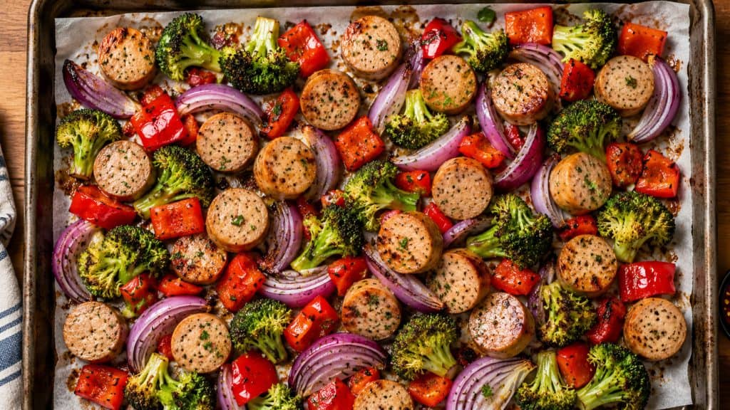 A colorful tray of sliced peppers, broccoli, and red onions roasted with chicken sausage in the oven.