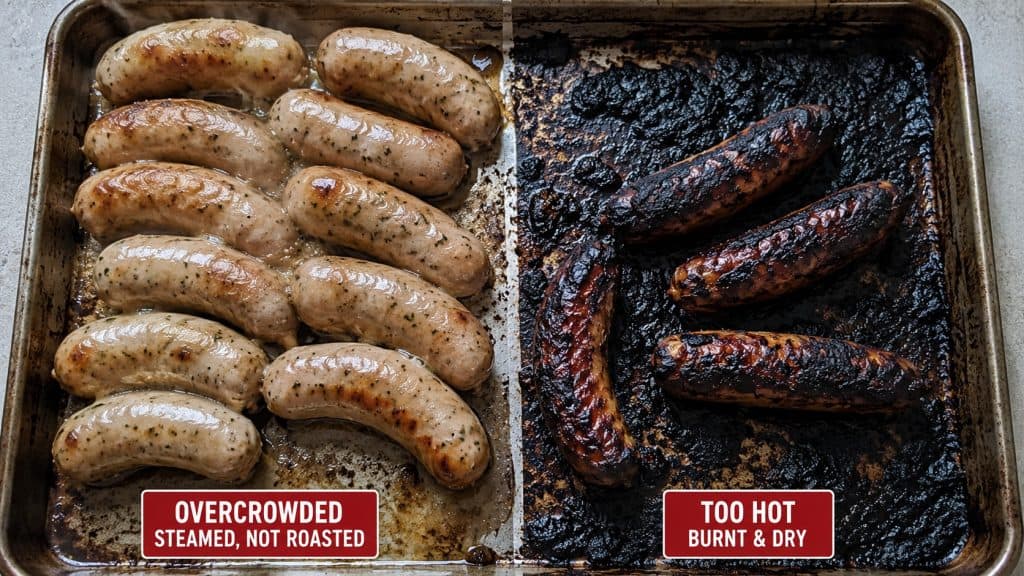 Two pans showing errors when cooking chicken sausage in the oven, like overcrowding or using heat that is too high. 