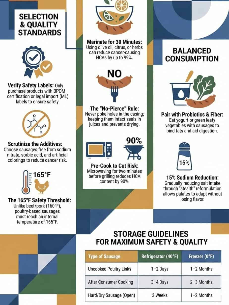 Milkwoodrestaurant - Why Chicken Sausage is Good for You? 3 An infographic titled “Smarter Sausage: A Guide to Healthier Links” showing tips on sausage selection, preparation methods, balanced consumption, and safe storage guidelines