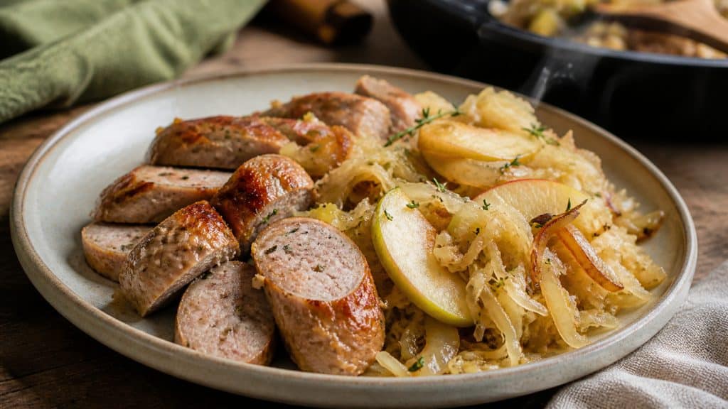 Chicken sausage with sauerkraut served with apples and onions on a rustic plate in a warm kitchen setting.