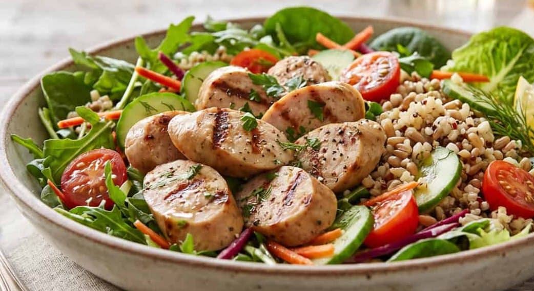 Milkwoodrestaurant - Why Chicken Sausage is Good for You? 2 sliced chicken sausage served with fresh salad and grains
