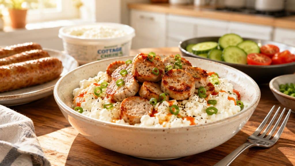 Cook The Restaurant's Food at Home 29 Chicken sausage with cottage cheese is served in a bowl with hot sauce and sliced green onions.