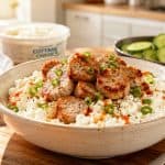 Chicken sausage with cottage cheese is served in a bowl with hot sauce and sliced green onions.