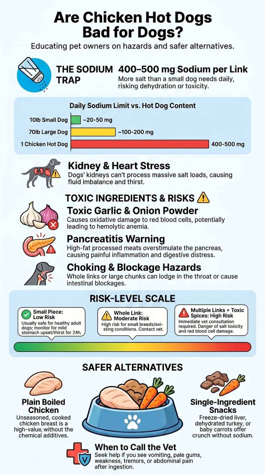 Chicken Hot Dogs Can Pose Hidden Risks for Dogs 2 Infographic covering sodium risks, toxic ingredients, and safer treat alternatives