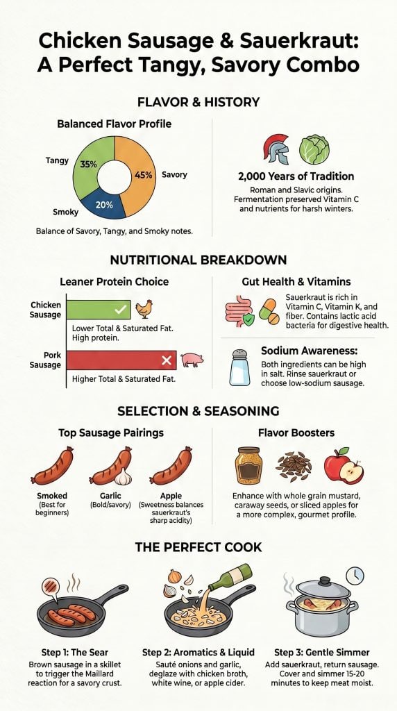 Infographic detailing chicken sausage and sauerkraut flavor, nutrition, pairings, and a three-step cooking guide.