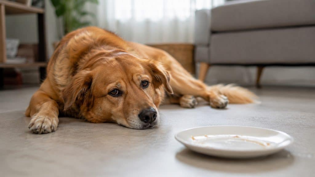 A lethargic golden retriever lies on the floor beside an empty plate.