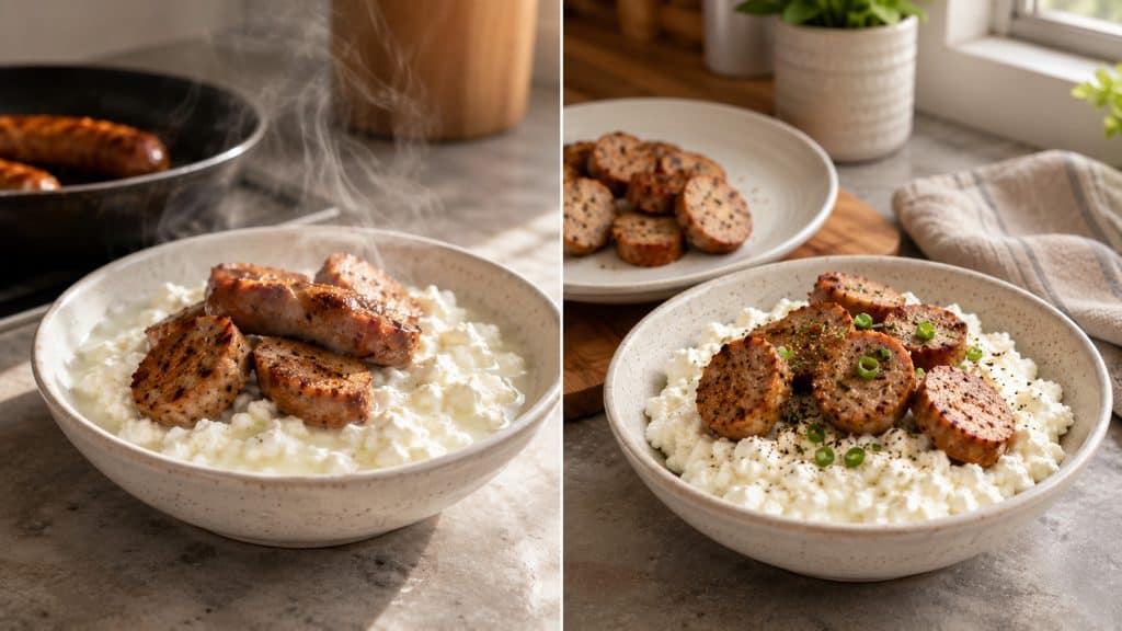 Stop your cottage cheese from getting watery by cooling sausage first, shown in two bowls before and after resting.
