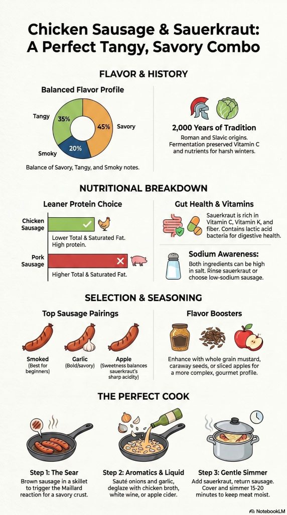 Chicken Sausage and Sauerkraut Is Better than You Think 2 Infographic detailing chicken sausage and sauerkraut flavor, nutrition, pairings, and a three-step cooking guide.