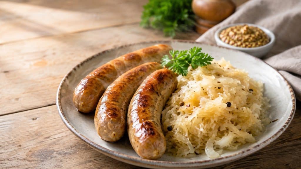 Grilled links with tangy kraut and mustard on a rustic table.