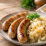 Grilled links with tangy kraut and mustard on a rustic table.