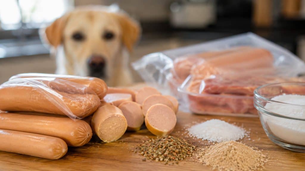 Sliced hot dogs with salt and seasonings sit near a watching dog.