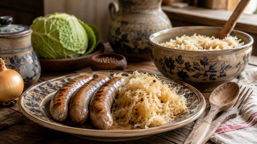 Chicken Sausage and Sauerkraut Is Better than You Think 1 Rustic plate with grilled links, fresh cabbage, and a crock of fermented kraut.