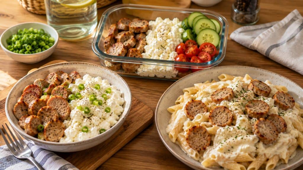 Watch out for salt when serving chicken sausage with cottage cheese pasta, meal prep bowls, and fresh veggie sides.
