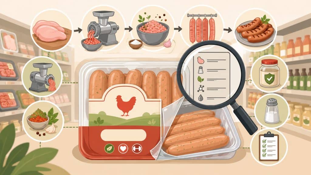 Cook The Restaurant's Food at Home 28 An illustration showing how chicken sausages are processed, from grinding to added sodium.