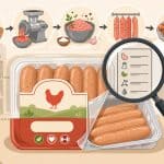 An illustration showing how chicken sausages are processed, from grinding to added sodium.