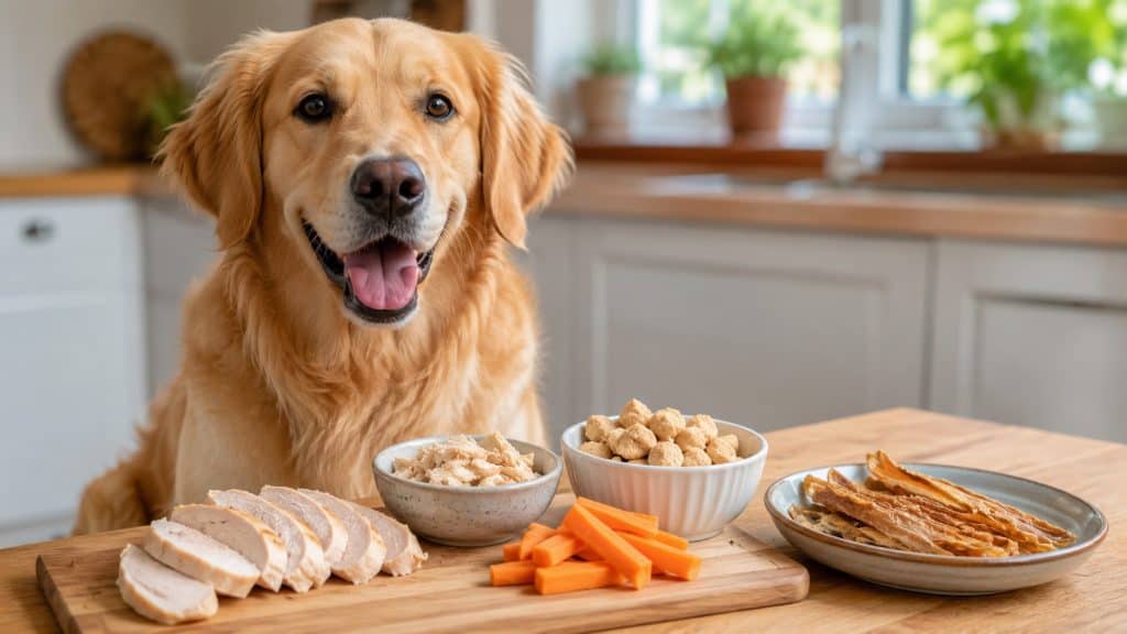 A happy golden retriever sits with plain chicken, carrots, and jerky.