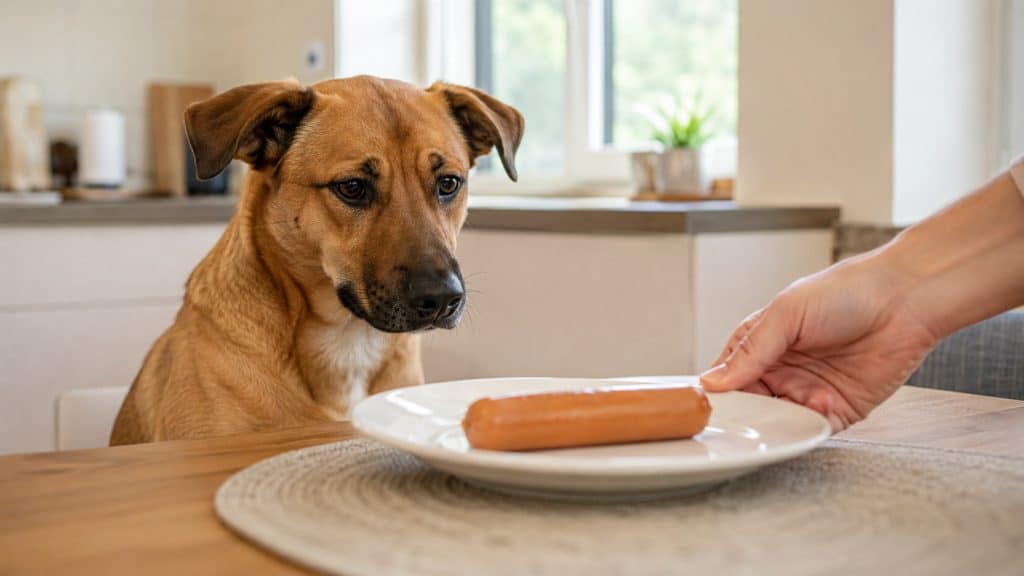A dog watches as a hand offers a hot dog on a plate.