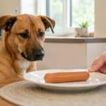 A dog watches as a hand offers a hot dog on a plate.