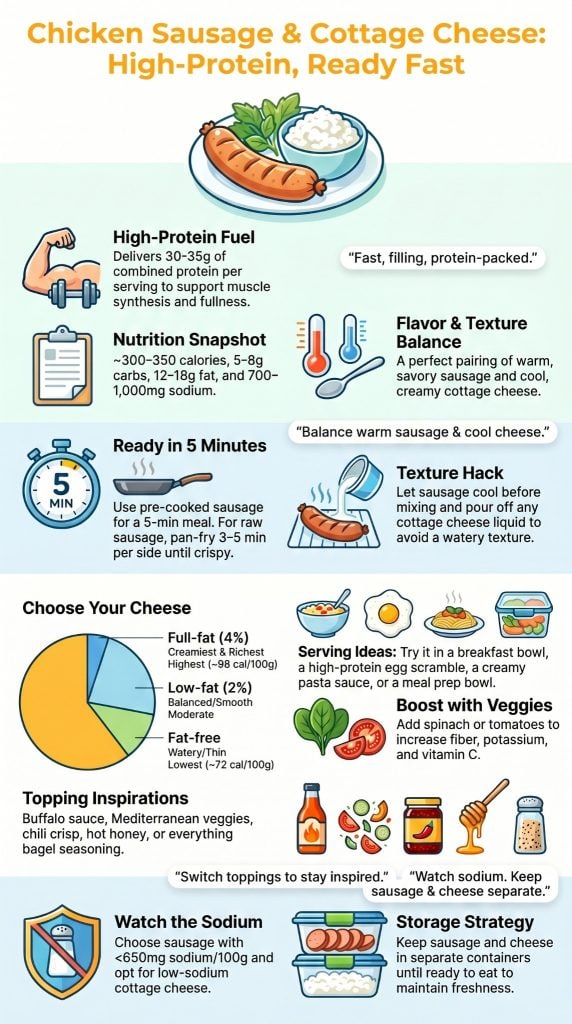 Infographic on chicken sausage and cottage cheese covering protein content, nutrition, cooking tips, and storage strategies.