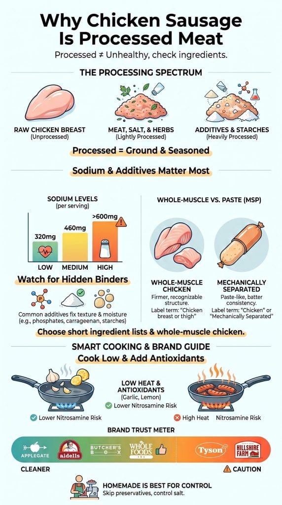 Chicken Sausages Are Processed Meat and Here's Why 2 Infographic showing chicken sausage processing, sodium levels, additives, cooking methods, and buying tips.