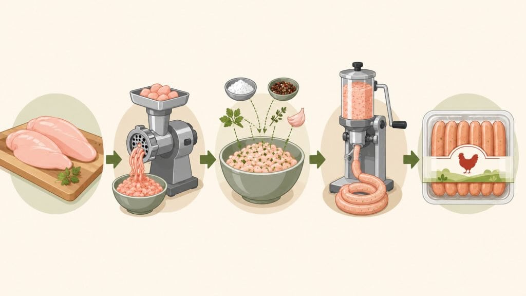 Chicken Sausages Are Processed Meat and Here's Why 1 Step-by-step illustration showing how processing impacts the "health halo" of chicken sausage from raw meat to package.