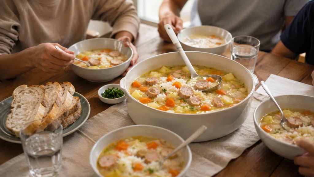 Chicken Sausage and Rice Soup served in a bowl, a comforting choice for easy family dinners on busy weeknights.