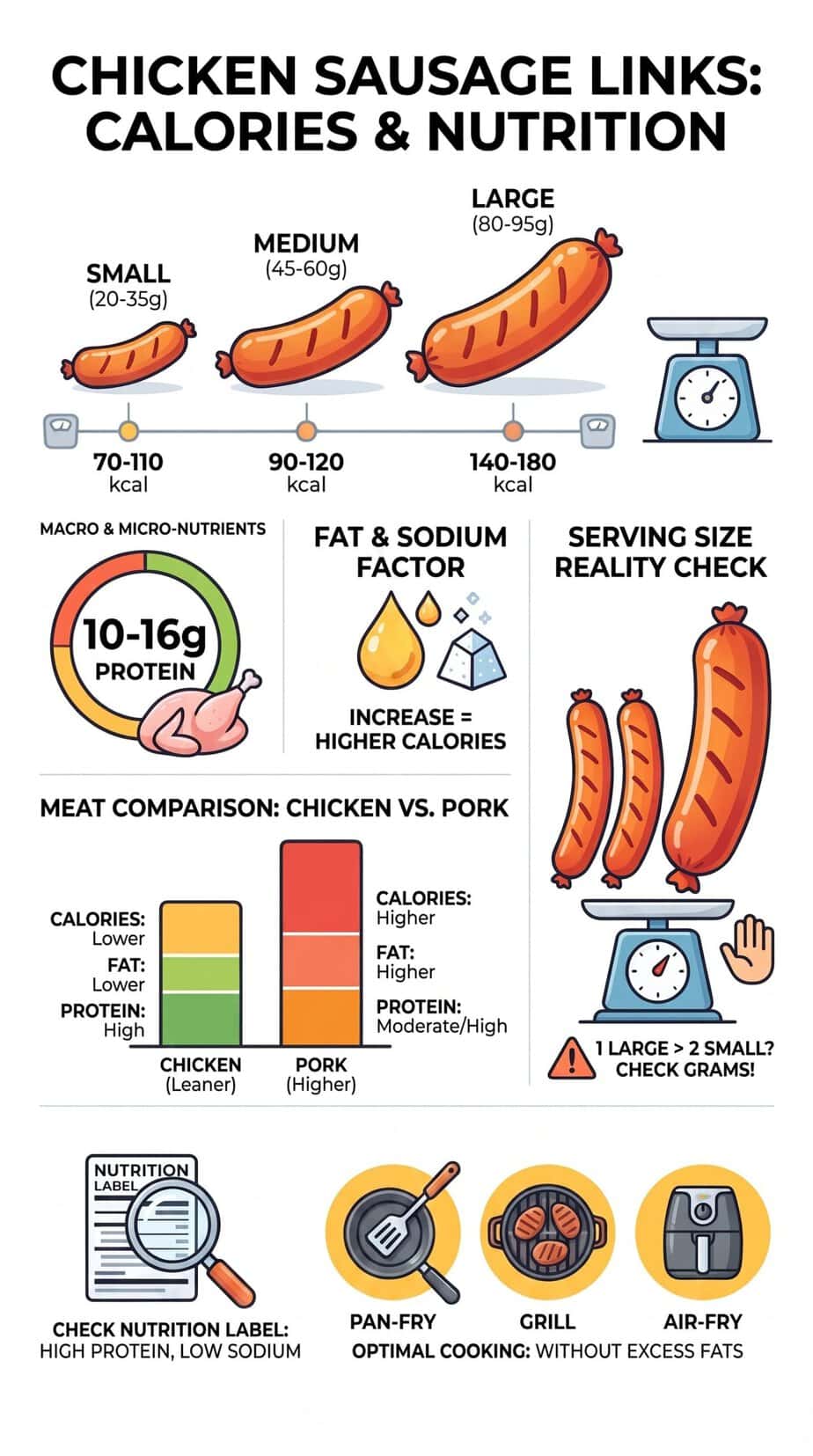 Chicken sausage links calories by size, with fat, sodium, and protein comparisons to pork